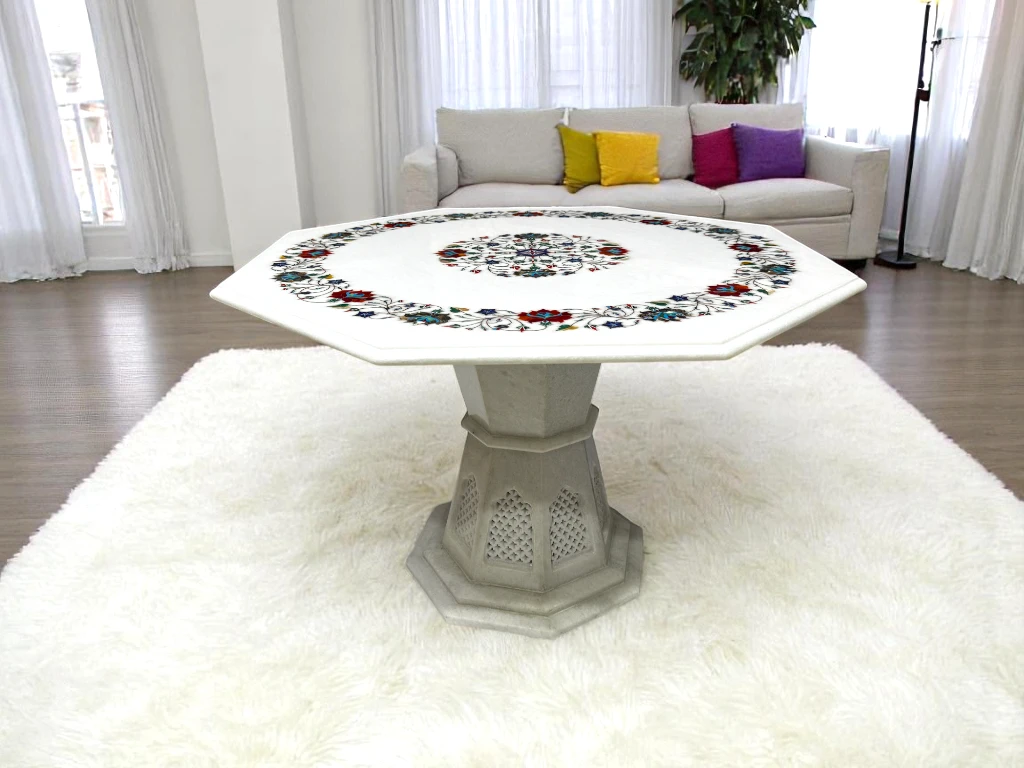 Handcrafted Marble Inlay Side Table with Stand Base